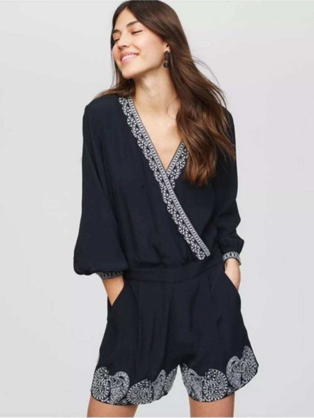 NWT Sz XSP LOFT Black Romper with White Embroidered Trim
